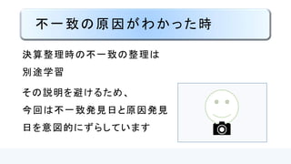 不一致の原因がわかった時
決算整理時の不一致の整理は
別途学習
その説明を避けるため、
今回は不一致発見日と原因発見
日を意図的にずらしています
 