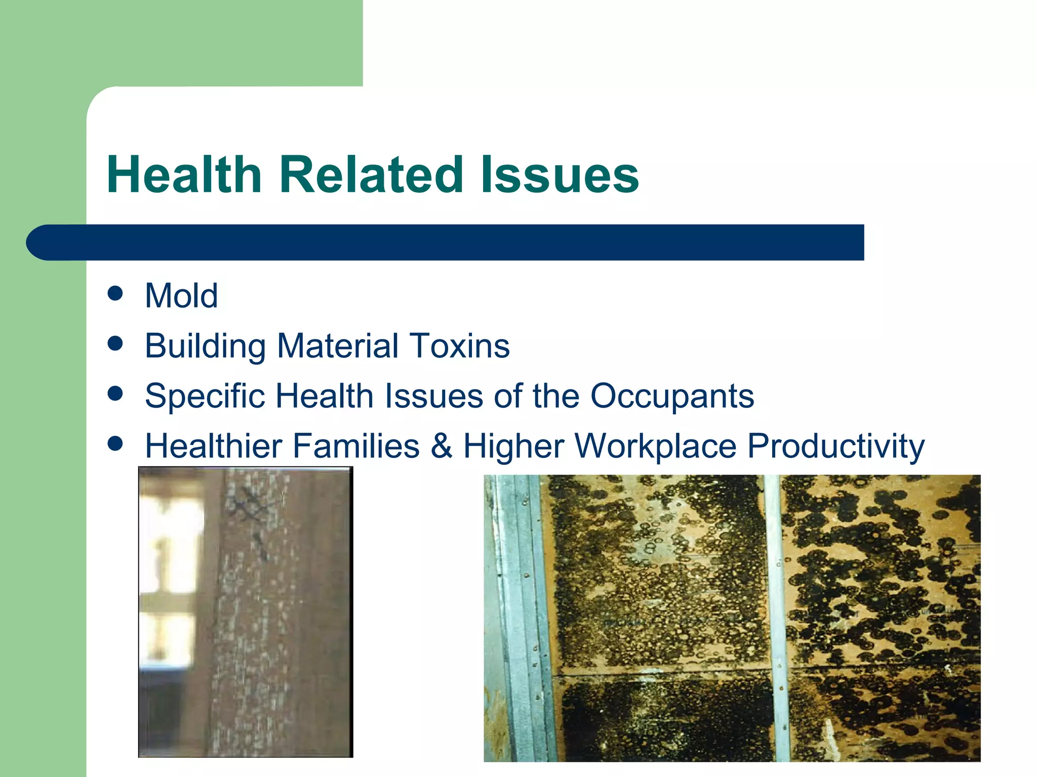 Health Related Issues

   Mold
   Building Material Toxins
   Specific Health Issues of the Occupants
   Healthier Families & Higher Workplace Productivity
 
