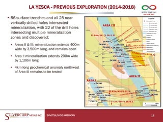 LA YESCA - PREVIOUS EXPLORATION (2014-2018)
▸56 surface trenches and all 25 near
vertically-drilled holes intersected
mineralization, with 22 of the drill holes
intersecting multiple mineralization
zones and discovered:
• Areas II & III: mineralization extends 400m
wide by 3,500m long, and remains open
• Area I: mineralization extends 200m wide
by 1,100m long
• 4km long geochemical anomaly northwest
of Area III remains to be tested
SVM:TSX/NYSE AMERICAN 18
AREA I
AREA II
AREA III
32.94m/161/1.38/1.32
25.62m/420/0.22/2.
8
14.3m/389/0.09/0.2
5
 