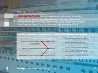 Trend study │ Apples and oranges

  BUSINESS CLASS Not all cargo owners will settle for travelling
  coach. A new wave of specialized players will seek to break with
  commodity margins through differentiated value propositions that meet
  latent segment needs and require more special competencies.



  Exhibit: Dimensions of specialization in value chains, industries and markets
                                                            Notes:
                                                            • The chart conceptualizes possible high-level
                                                              dimensions of specialization; i.e. a fully integrated
                                                              shipping company would encompass all
                                                              dimensions, whereas the red lines indicate a
                          “TCC example”                       highly specialized company (TCC) only chartering
                         The Containership Company, p. 41
                                                              liners between US & FE and with limited ops.

                                                            • The more specialized a company is, the deeper
                                                              solutions it can provide for its core segments
                                                              through e.g. cost advantages, bespoke services
                                                              or horizontal integration of value-add services.

                                                            • Several other dimensions of specialization exist
                                                              such as vessel size, high/low-end, long/short, etc.

  Source : Catalyst analysis




Catalyst │Maritime Trend Study 2010 ©                                                                                 27
 