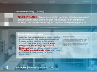Opportunity Discovery │ Case study


  NICHE PRINCES Players successful in identifying attractive specialized
  positions in the value chains will gain market share. They compete on
  strategic customer understanding and narrow, industry-leading services.




  Exhibit: DA Desk case study
    DA DESK has quickly grown to be the leading      Company description:
                                                     DA-Desk is the largest independent provider of port
    provider of port cost management services.       cost management services to the shipping industry.
                                                     Focused on port disbursement control, DA-Desk
    Starting of with handling disbursement           offers effective process management, early error
    accounts, DA DESK today offers a fully           detection and a near paperless workflow. With more
                                                     than 80 customers DA-Desk handles 80,000 port
    integrated chartering, operations,               calls annually

    financials and port disbursement system.
    The value proposition is clear and a good
    example of growth through horizontal
    integration.
  Source : Company website; The maritime executive




Catalyst │Maritime Trend Study 2010 ©                                                                      37
 