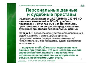 2. Законодательство о персональных данных


        Персональные данные
        и судебные приставы
Федеральный закон от 27.07.2010 № 213-ФЗ «О
внесении изменений в ФЗ «О судебных
приставах» и ст.64 ФЗ «Об исполнительном
производстве» по вопросам предоставления
судебных приставам персональных данных
Ст.12 п.1. В процессе принудительного исполнения
судебных актов и актов других органов,
предусмотренных федеральным законом об
исполнительном производстве, судебный пристав-
исполнитель:
… получает и обрабатывает персональные
данные при условии, что они необходимы для
своевременного, полного и правильного
исполнения исполнительных документов, в
объеме, необходимом для этого.            11
           БТ01, КП32, КП33, КП36, КП37, КП39
 