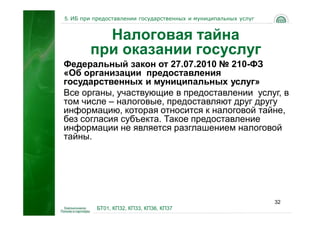5. ИБ при предоставлении государственных и муниципальных услуг


          Налоговая тайна
        при оказании госуслуг
Федеральный закон от 27.07.2010 № 210-ФЗ
«Об организации предоставления
государственных и муниципальных услуг»
Все органы, участвующие в предоставлении услуг, в
том числе – налоговые, предоставляют друг другу
информацию, которая относится к налоговой тайне,
без согласия субъекта. Такое предоставление
информации не является разглашением налоговой
тайны.




                                                                 32
          БТ01, КП32, КП33, КП36, КП37
 