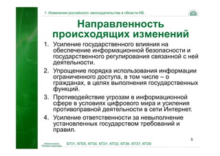 1. Изменения российского законодательства в области ИБ


        Направленность
    происходящих изменений
1. Усиление государственного влияния на
   обеспечение информационной безопасности и
   государственного регулирования связанной с ней
   деятельности.
2. Упрощение порядка использования информации
   ограниченного доступа, в том числе – о
   гражданах, в целях выполнения государственных
   функций.
3. Противодействие угрозам в информационной
   сфере в условиях цифрового мира и усиления
   противоправной деятельности в сети Интернет.
4. Усиление ответственности за невыполнение
   установленных государством требований и
   правил.
                                                             5
            БТ01, КП05, КП30, КП31, КП32, КП36, КП37, КП39
 