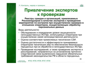 11. Контроль, надзор и проверки


      Привлечение экспертов
           к проверкам
      Реестры граждан и организаций, привлекаемых
   Роскомнадзором в качестве экспертов к проведению
мероприятий по контролю при осуществлении проверок в
   отношении операторов, осуществляющих обработку
                  персональных данных
Виды деятельности:
• Обследование и определение уровня защищенности
  негосударственных ИСПДн, используемых оператором при
  осуществлении своей непосредственной деятельности.
• Оценка соответствия применяемых технических СЗИ.
• Оценка достаточности и эффективности принимаемых
  оператором технических мер по обеспечению безопасности
  персданных при их обработке в негосударственных ИСПДн.
• Проведение исследований, а также проведение экспертиз и
  расследований, направленных на установление причинно-
  следственной связи выявленного нарушения обязательных
  требований законодательства РФ в области персданных.
                                                     66
           КП32, КП35, КП36, КП37, КП39
 