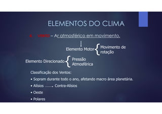 ELEMENTOS DO CLIMA
4. VENTO – Ar atmosférico em movimento.
Elemento Motor
{Movimento de
rotação
Elemento Direcionado
{Pressão
Atmosférica
Classificação dos Ventos:
• Sopram durante todo o ano, afetando macro área planetária.
• Alísios Contra-Alísios
• Oeste
• Polares
 