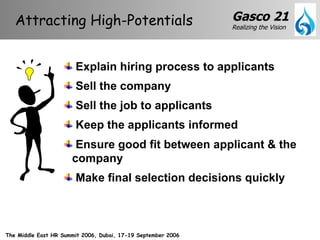 Explain hiring process to applicants Sell the company Sell the job to applicants Keep the applicants informed Ensure good fit between applicant & the company Make final selection decisions quickly Attracting High-Potentials  