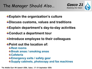 Explain the organization’s culture Discuss customs, values and traditions Explain department’s day-to-day activities Conduct a department tour Introduce employee to their colleagues Point out the location of: Rest rooms Break areas / smoking areas Cafeteria Emergency exits / safety gear Supply cabinets, photocopy and fax machines The Manager Should Also… 