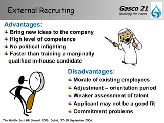 Disadvantages: Morale of existing employees Adjustment – orientation period Weaker assessment of talent Applicant may not be a good fit Commitment problems Advantages: Bring new ideas to the company High level of competence No political infighting Faster than training a marginally qualified in-house candidate External Recruiting 