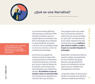 11
Un reciente estudio global de
450 empresas reveló que el 80%
de éstas consideran que sus
colaboradores no entienden muy
bien la estrategia de su empresa.
La oportunidad de reconectar
una firma con su estrategia reside
en cómo se comunica y cómo se
entiende esta estrategia.
Una forma muy popular de
hacerlo consiste en desarrollar
una presentación de PowerPoint
visualmente atractiva y enviarla
por correo a todos los líderes de
la empresa, con la instrucción
de presentarla a sus respectivos
equipos. El problema es que en
muchos casos es casi inservible.
Con frecuencia el resultado es lo
contrario de lo que se busca.
vol.1-ENERO2017
¿Qué es una Narrativa?
Una pregunta clave que suelen
hacer las personas cuando se
enteran de una nueva estrategia
es ‘¿por qué?’. Una Narrativa es
lo que mejor responde este tipo
de preguntas porque explica lo
que causó el cambio y explica
lo que va a suceder después: la
estrategia.
Desarrollar una Narrativa efectiva
requiere trabajo, principalmente
por los miembros del equipo
ejecutivo, que generalmente
tienen una variedad de visiones
sobre lo que en realidad es la
estrategia de la empresa.
La Narrativa debe ser escrita para
facilitar el recuento oral, donde la
‘columna vertebral’ permanezca
“Una empresa sin una historia
es, frecuentemente, una
empresa sin una estrategia”
-Ben Horowitz, emprendedor e
inversionista
(extracto del artículo Cómo hacer que todos entiendan la estrategia, por Astrolab)
 