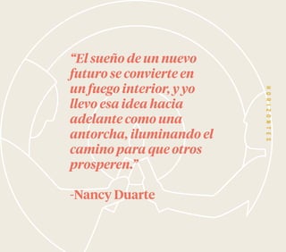18
“El sueño de un nuevo
futuro se convierte en
un fuego interior, y yo
llevo esa idea hacia
adelante como una
antorcha, iluminando el
camino para que otros
prosperen.”
-Nancy Duarte
 
