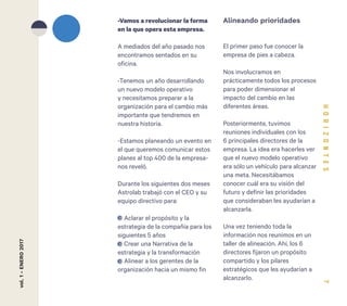 7
-Vamos a revolucionar la forma
en la que opera esta empresa.
A mediados del año pasado nos
encontramos sentados en su
oficina.
-Tenemos un año desarrollando
un nuevo modelo operativo
y necesitamos preparar a la
organización para el cambio más
importante que tendremos en
nuestra historia.
-Estamos planeando un evento en
el que queremos comunicar estos
planes al top 400 de la empresa-
nos reveló.
Durante los siguientes dos meses
Astrolab trabajó con el CEO y su
equipo directivo para:
Aclarar el propósito y la
estrategia de la compañía para los
siguientes 5 años
Crear una Narrativa de la
estrategia y la transformación
Alinear a los gerentes de la
organización hacia un mismo fin
El primer paso fue conocer la
empresa de pies a cabeza.
Nos involucramos en
prácticamente todos los procesos
para poder dimensionar el
impacto del cambio en las
diferentes áreas.
Posteriormente, tuvimos
reuniones individuales con los
6 principales directores de la
empresa. La idea era hacerles ver
que el nuevo modelo operativo
era sólo un vehículo para alcanzar
una meta. Necesitábamos
conocer cuál era su visión del
futuro y definir las prioridades
que consideraban les ayudarían a
alcanzarla.
Una vez teniendo toda la
información nos reunimos en un
taller de alineación. Ahí, los 6
directores fijaron un propósito
compartido y los pilares
estratégicos que les ayudarían a
alcanzarlo.
Alineando prioridadesvol.1-ENERO2017
 