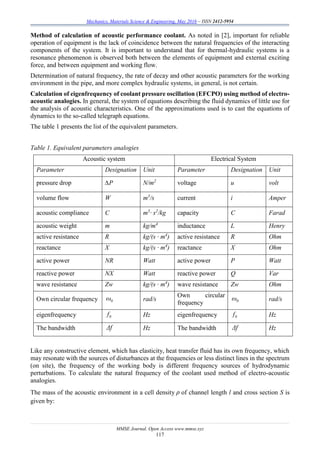 Mechanics, Materials Science & Engineering, May 2016 – ISSN 2412-5954
MMSE Journal. Open Access www.mmse.xyz
117
Method of calculation of acoustic performance coolant. As noted in [2], important for reliable
operation of equipment is the lack of coincidence between the natural frequencies of the interacting
components of the system. It is important to understand that for thermal-hydraulic systems is a
resonance phenomenon is observed both between the elements of equipment and external exciting
force, and between equipment and working flow.
Determination of natural frequency, the rate of decay and other acoustic parameters for the working
environment in the pipe, and more complex hydraulic systems, in general, is not certain.
Calculation of eigenfrequency of coolant pressure oscillation (EFCPO) using method of electro-
acoustic analogies. In general, the system of equations describing the fluid dynamics of little use for
the analysis of acoustic characteristics. One of the approximations used is to cast the equations of
dynamics to the so-called telegraph equations.
The table 1 presents the list of the equivalent parameters.
Table 1. Equivalent parameters analogies
Acoustic system Electrical System
Parameter Designation Unit Parameter Designation Unit
pressure drop ∆Р N/m2
voltage u volt
volume flow W m3
/s current i Amper
acoustic compliance С m3
· s2
/kg capacity C Farad
acoustic weight m kg/m4
inductance L Henry
active resistance R kg/(s · m4
) active resistance R Ohm
reactance X kg/(s · m4
) reactance X Ohm
active power NR Watt active power P Watt
reactive power NX Watt reactive power Q Var
wave resistance Zw kg/(s · m4
) wave resistance Zw Ohm
Own circular frequency 0ω rad/s
Own circular
frequency 0ω rad/s
eigenfrequency 0f Hz eigenfrequency 0f Hz
The bandwidth Δf Hz The bandwidth Δf Hz
Like any constructive element, which has elasticity, heat transfer fluid has its own frequency, which
may resonate with the sources of disturbances at the frequencies or less distinct lines in the spectrum
(on site), the frequency of the working body is different frequency sources of hydrodynamic
perturbations. To calculate the natural frequency of the coolant used method of electro-acoustic
analogies.
The mass of the acoustic environment in a cell density ρ of channel length l and cross section S is
given by:
 