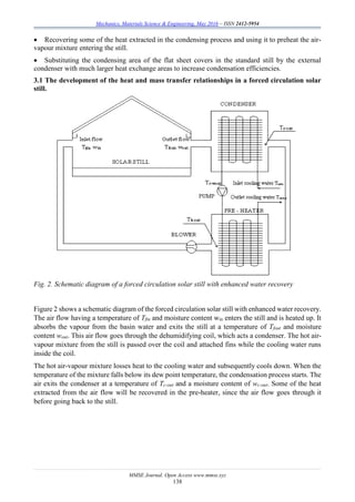 Mechanics, Materials Science & Engineering, May 2016 – ISSN 2412-5954
MMSE Journal. Open Access www.mmse.xyz
138
 Recovering some of the heat extracted in the condensing process and using it to preheat the air-
vapour mixture entering the still.
 Substituting the condensing area of the flat sheet covers in the standard still by the external
condenser with much larger heat exchange areas to increase condensation efficiencies.
3.1 The development of the heat and mass transfer relationships in a forced circulation solar
still.
Fig. 2. Schematic diagram of a forced circulation solar still with enhanced water recovery
Figure 2 shows a schematic diagram of the forced circulation solar still with enhanced water recovery.
The air flow having a temperature of Tfin and moisture content win enters the still and is heated up. It
absorbs the vapour from the basin water and exits the still at a temperature of Tfout and moisture
content wout. This air flow goes through the dehumidifying coil, which acts a condenser. The hot air-
vapour mixture from the still is passed over the coil and attached fins while the cooling water runs
inside the coil.
The hot air-vapour mixture losses heat to the cooling water and subsequently cools down. When the
temperature of the mixture falls below its dew point temperature, the condensation process starts. The
air exits the condenser at a temperature of Tc-out and a moisture content of wc-out. Some of the heat
extracted from the air flow will be recovered in the pre-heater, since the air flow goes through it
before going back to the still.
 