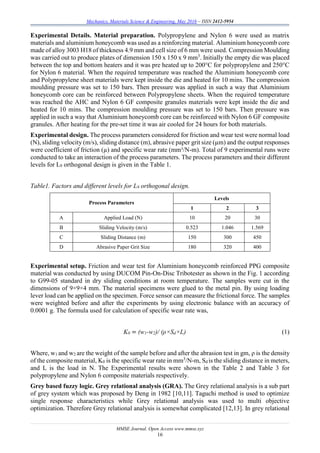 Mechanics, Materials Science & Engineering, May 2016 – ISSN 2412-5954
MMSE Journal. Open Access www.mmse.xyz
16
Experimental Details. Material preparation. Polypropylene and Nylon 6 were used as matrix
materials and aluminium honeycomb was used as a reinforcing material. Aluminium honeycomb core
made of alloy 3003 H18 of thickness 4.9 mm and cell size of 6 mm were used. Compression Moulding
was carried out to produce plates of dimension 150 x 150 x 9 mm3
. Initially the empty die was placed
between the top and bottom heaters and it was pre heated up to 200°C for polypropylene and 250°C
for Nylon 6 material. When the required temperature was reached the Aluminium honeycomb core
and Polypropylene sheet materials were kept inside the die and heated for 10 mins. The compression
moulding pressure was set to 150 bars. Then pressure was applied in such a way that Aluminium
honeycomb core can be reinforced between Polypropylene sheets. When the required temperature
was reached the AHC and Nylon 6 GF composite granules materials were kept inside the die and
heated for 10 mins. The compression moulding pressure was set to 150 bars. Then pressure was
applied in such a way that Aluminium honeycomb core can be reinforced with Nylon 6 GF composite
granules. After heating for the pre-set time it was air cooled for 24 hours for both materials.
Experimental design. The process parameters considered for friction and wear test were normal load
(N), sliding velocity (m/s), sliding distance (m), abrasive paper grit size (µm) and the output responses
were coefficient of friction (µ) and specific wear rate (mm³/N-m). Total of 9 experimental runs were
conducted to take an interaction of the process parameters. The process parameters and their different
levels for L9 orthogonal design is given in the Table 1.
Table1. Factors and different levels for L9 orthogonal design.
Process Parameters
Levels
1 2 3
A Applied Load (N) 10 20 30
B Sliding Velocity (m/s) 0.523 1.046 1.569
C Sliding Distance (m) 150 300 450
D Abrasive Paper Grit Size 180 320 400
Experimental setup. Friction and wear test for Aluminium honeycomb reinforced PPG composite
material was conducted by using DUCOM Pin-On-Disc Tribotester as shown in the Fig. 1 according
to G99-05 standard in dry sliding conditions at room temperature. The samples were cut in the
dimensions of 9×9×4 mm. The material specimens were glued to the metal pin. By using loading
lever load can be applied on the specimen. Force sensor can measure the frictional force. The samples
were weighted before and after the experiments by using electronic balance with an accuracy of
0.0001 g. The formula used for calculation of specific wear rate was,
K0 = (w1-w2)/ (ρ×Sd×L) (1)
Where, w1 and w2 are the weight of the sample before and after the abrasion test in gm, ρ is the density
of the composite material, K0 is the specific wear rate in mm3
/N-m, Sd is the sliding distance in meters,
and L is the load in N. The Experimental results were shown in the Table 2 and Table 3 for
polypropylene and Nylon 6 composite materials respectively.
Grey based fuzzy logic. Grey relational analysis (GRA). The Grey relational analysis is a sub part
of grey system which was proposed by Deng in 1982 [10,11]. Taguchi method is used to optimize
single response characteristics while Grey relational analysis was used to multi objective
optimization. Therefore Grey relational analysis is somewhat complicated [12,13]. In grey relational
 