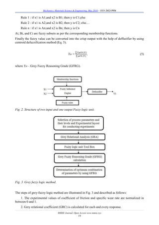 Mechanics, Materials Science & Engineering, May 2016 – ISSN 2412-5954
MMSE Journal. Open Access www.mmse.xyz
19
Rule 1 : if x1 is A1;and x2 is B1; then y is C1;else
Rule 2 : if x1 is A2;and x2 is B2; then y is C2; else.. .
Rule n : if x1 is An;and x2 is Bn; then y is Cn
Ai, Bi, and Ci are fuzzy subsets as per the corresponding membership functions.
Finally the fuzzy value can be converted into the crisp output with the help of deffuzifier by using
centroid defuzzification method (Eq. 5).
Yo =
∑ 𝑌µ𝐶0 (𝑌)
∑ µ𝐶0 (𝑌)
, (5)
where Yo – Grey Fuzzy Reasoning Grade (GFRG).
Fig. 2. Structure of two input and one output Fuzzy logic unit.
Fig. 3. Grey fuzzy logic method.
The steps of grey-fuzzy-logic method are illustrated in Fig. 3 and described as follows:
1. The experimental values of coefficient of friction and specific wear rate are normalized in
between 0 and 1.
2. Grey relational coefficient (GRC) is calculated for each and every response.
 