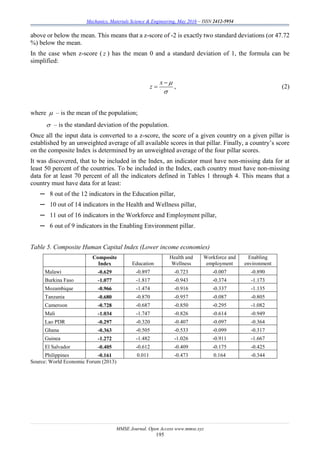 Mechanics, Materials Science & Engineering, May 2016 – ISSN 2412-5954
MMSE Journal. Open Access www.mmse.xyz
195
above or below the mean. This means that a z-score of -2 is exactly two standard deviations (or 47.72
%) below the mean.
In the case when z-score ( z ) has the mean 0 and a standard deviation of 1, the formula can be
simplified:
x
z



 , (2)
where  – is the mean of the population;
 – is the standard deviation of the population.
Once all the input data is converted to a z-score, the score of a given country on a given pillar is
established by an unweighted average of all available scores in that pillar. Finally, a country’s score
on the composite Index is determined by an unweighted average of the four pillar scores.
It was discovered, that to be included in the Index, an indicator must have non-missing data for at
least 50 percent of the countries. To be included in the Index, each country must have non-missing
data for at least 70 percent of all the indicators defined in Tables 1 through 4. This means that a
country must have data for at least:
─ 8 out of the 12 indicators in the Education pillar,
─ 10 out of 14 indicators in the Health and Wellness pillar,
─ 11 out of 16 indicators in the Workforce and Employment pillar,
─ 6 out of 9 indicators in the Enabling Environment pillar.
Table 5. Composite Human Capital Index (Lower income economies)
Composite
Index Education
Health and
Wellness
Workforce and
employment
Enabling
environment
Malawi -0.629 -0.897 -0.723 -0.007 -0.890
Burkina Faso -1.077 -1.817 -0.943 -0.374 -1.173
Mozambique -0.966 -1.474 -0.916 -0.337 -1.135
Tanzania -0.680 -0.870 -0.957 -0.087 -0.805
Cameroon -0.728 -0.687 -0.850 -0.295 -1.082
Mali -1.034 -1.747 -0.826 -0.614 -0.949
Lao PDR -0.297 -0.320 -0.407 -0.097 -0.364
Ghana -0.363 -0.505 -0.533 -0.099 -0.317
Guinea -1.272 -1.482 -1.026 -0.911 -1.667
El Salvador -0.405 -0.612 -0.409 -0.175 -0.425
Philippines -0.161 0.011 -0.473 0.164 -0.344
Source: World Economic Forum (2013)
 