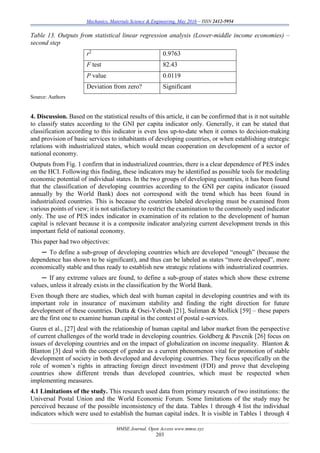 Mechanics, Materials Science & Engineering, May 2016 – ISSN 2412-5954
MMSE Journal. Open Access www.mmse.xyz
203
Table 13. Outputs from statistical linear regression analysis (Lower-middle income economies) –
second step
r2
0.9763
F test 82.43
P value 0.0119
Deviation from zero? Significant
Source: Authors
4. Discussion. Based on the statistical results of this article, it can be confirmed that is it not suitable
to classify states according to the GNI per capita indicator only. Generally, it can be stated that
classification according to this indicator is even less up-to-date when it comes to decision-making
and provision of basic services to inhabitants of developing countries, or when establishing strategic
relations with industrialized states, which would mean cooperation on development of a sector of
national economy.
Outputs from Fig. 1 confirm that in industrialized countries, there is a clear dependence of PES index
on the HCI. Following this finding, these indicators may be identified as possible tools for modeling
economic potential of individual states. In the two groups of developing countries, it has been found
that the classification of developing countries according to the GNI per capita indicator (issued
annually by the World Bank) does not correspond with the trend which has been found in
industrialized countries. This is because the countries labeled developing must be examined from
various points of view; it is not satisfactory to restrict the examination to the commonly used indicator
only. The use of PES index indicator in examination of its relation to the development of human
capital is relevant because it is a composite indicator analyzing current development trends in this
important field of national economy.
This paper had two objectives:
─ To define a sub-group of developing countries which are developed “enough” (because the
dependence has shown to be significant), and thus can be labeled as states “more developed”, more
economically stable and thus ready to establish new strategic relations with industrialized countries.
─ If any extreme values are found, to define a sub-group of states which show these extreme
values, unless it already exists in the classification by the World Bank.
Even though there are studies, which deal with human capital in developing countries and with its
important role in insurance of maximum stability and finding the right direction for future
development of these countries. Dutta & Osei-Yeboah [21], Suliman & Mollick [59] – these papers
are the first one to examine human capital in the context of postal e-services.
Guren et al., [27] deal with the relationship of human capital and labor market from the perspective
of current challenges of the world trade in developing countries. Goldberg & Pavcnik [26] focus on
issues of developing countries and on the impact of globalization on income inequality. Blanton &
Blanton [3] deal with the concept of gender as a current phenomenon vital for promotion of stable
development of society in both developed and developing countries. They focus specifically on the
role of women’s rights in attracting foreign direct investment (FDI) and prove that developing
countries show different trends than developed countries, which must be respected when
implementing measures.
4.1 Limitations of the study. This research used data from primary research of two institutions: the
Universal Postal Union and the World Economic Forum. Some limitations of the study may be
perceived because of the possible inconsistency of the data. Tables 1 through 4 list the individual
indicators which were used to establish the human capital index. It is visible in Tables 1 through 4
 