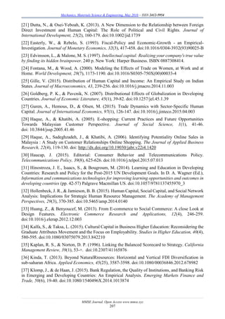Mechanics, Materials Science & Engineering, May 2016 – ISSN 2412-5954
MMSE Journal. Open Access www.mmse.xyz
207
[21] Dutta, N., & Osei-Yeboah, K. (2013). A New Dimension to the Relationship between Foreign
Direct Investment and Human Capital: The Role of Political and Civil Rights. Journal of
International Development, 25(2), 160-179. doi:10.1002/jid.1739
[22] Easterly, W., & Rebelo, S. (1993). Fiscal-Policy and Economic-Growth - an Empirical-
Investigation. Journal of Monetary Economics, 32(3), 417-458. doi:10.1016/0304-3932(93)90025-B
[23] Edvinsson, L., & Malone, M. S. (1997). Intellectual capital: Realizing your company's true value
by finding its hidden brainpower. 240 p. New York: Harper Business. ISBN 0887308414.
[24] Fontana, M., & Wood, A. (2000). Modeling the Effects of Trade on Women, at Work and at
Home. World Development, 28(7), 1173-1190. doi:10.1016/S0305-750X(00)00033-4
[25] Gille, V. (2015). Distribution of Human Capital and Income: An Empirical Study on Indian
States. Journal of Macroeconomics, 43, 239-256. doi:10.1016/j.jmacro.2014.11.003
[26] Goldberg, P. K., & Pavcnik, N. (2007). Distributional Effects of Globalization in Developing
Countries. Journal of Economic Literature, 45(1), 39-82. doi:10.1257/jel.45.1.39
[27] Guren, A., Hemous, D., & Olsen, M. (2015). Trade Dynamics with Sector-Specific Human
Capital. Journal of International Economics, 97(1), 126-147. doi:10.1016/j.jinteco.2015.04.003
[28] Haque, A., & Khatibi, A. (2005). E-shopping: Current Practices and Future Opportunities
Towards Malaysian Customer Perspective. Journal of Social Science, 1(1), 41-46.
doi: 10.3844/jssp.2005.41.46
[29] Haque, A., Sadeghzadeh, J., & Khatibi, A. (2006). Identifying Potentiality Online Sales in
Malaysia : A Study on Customer Relationships Online Shopping. The Journal of Applied Business
Research, 22(4), 119-130. doi: http://dx.doi.org/10.19030/jabr.v22i4.1420
[30] Haucap, J. (2015). Editorial: Consumer Behavior and Telecommunications Policy.
Telecommunications Policy, 39(8), 625-626. doi:10.1016/j.telpol.2015.07.013
[31] Hinostroza, J. E., Isaacs, S., & Bougroum, M. (2014). Learning and Education in Developing
Countries: Research and Policy for the Post-2015 UN Development Goals. In D. A. Wagner (Ed.),
Information and communications technologies for improving learning opportunities and outcomes in
developing countries (pp. 42-57) Palgrave Macmillan US. doi:10.1057/9781137455970_3
[32] Hollenbeck, J. R., & Jamieson, B. B. (2015). Human Capital, Social Capital, and Social Network
Analysis: Implications for Strategic Human Resource Management. The Academy of Management
Perspectives, 29(3), 370-385. doi:10.5465/amp.2014.0140
[33] Huang, Z., & Benyoucef, M. (2013). From E-commerce to Social Commerce: A close Look at
Design Features. Electronic Commerce Research and Applications, 12(4), 246-259.
doi:10.1016/j.elerap.2012.12.003
[34] Kalfa, S., & Taksa, L. (2015). Cultural Capital in Business Higher Education: Reconsidering the
Graduate Attributes Movement and the Focus on Employability. Studies in Higher Education, 40(4),
580-595. doi:10.1080/03075079.2013.842210
[35] Kaplan, R. S., & Norton, D. P. (1996). Linking the Balanced Scorecard to Strategy. California
Management Review, 39(1), 53-+. doi:10.2307/41165876
[36] Kinda, T. (2013). Beyond NaturalRresources: Horizontal and Vertical FDI Diversification in
sub-saharan Africa. Applied Economics, 45(25), 3587-3598. doi:10.1080/00036846.2012.678982
[37] Klomp, J., & de Haan, J. (2015). Bank Regulation, the Quality of Institutions, and Banking Risk
in Emerging and Developing Countries: An Empirical Analysis. Emerging Markets Finance and
Trade, 50(6), 19-40. doi:10.1080/1540496X.2014.1013874
 