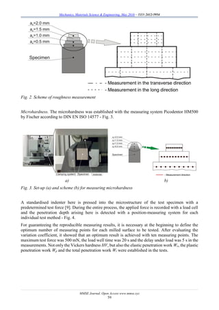 Mechanics, Materials Science & Engineering, May 2016 – ISSN 2412-5954
MMSE Journal. Open Access www.mmse.xyz
59
Fig. 2. Scheme of roughness measurement
Microhardness. The microhardness was established with the measuring system Picodentor HM500
by Fischer according to DIN EN ISO 14577 - Fig. 3.
a) b)
Fig. 3. Set-up (a) and scheme (b) for measuring microhardness
A standardised indenter here is pressed into the microstructure of the test specimen with a
predetermined test force [9]. During the entire process, the applied force is recorded with a load cell
and the penetration depth arising here is detected with a position-measuring system for each
individual test method - Fig. 4.
For guaranteeing the reproducible measuring results, it is necessary at the beginning to define the
optimum number of measuring points for each milled surface to be tested. After evaluating the
variation coefficient, it showed that an optimum result is achieved with ten measuring points. The
maximum test force was 500 mN, the load well time was 20 s and the delay under load was 5 s in the
measurements. Not only the Vickers hardness HV, but also the elastic penetration work We, the plastic
penetration work Wp and the total penetration work Wt were established in the tests.
 