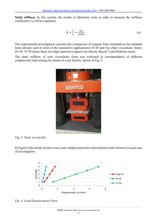 Mechanics, Materials Science & Engineering, May 2016 – ISSN 2412-5954
MMSE Journal. Open Access www.mmse.xyz
9
Static stiffness. In this section, the results of laboratory tests in order to measure the stiffness
coefficient (1) will be explained.
𝑘 =
𝐹
𝑤
=
[𝑁]
[𝑚𝑚]
. (1)
The experimental investigation concerns the comparison of original foam (intended as the standard
foam already used in most of the automotive applications) 65-30 and two other viscoelastic foams
65-30, 75-30 where these two digit represent respectively density (Kg/𝑚3
) and thickness (mm).
The static stiffness of each viscoelastic foam was evaluated in correspondence of different
compression load settings by means of a test facility, shown in Fig. 3.
Fig. 3. Static test facility
In Figure 4 the trends of load versus static displacement have been plotted with reference to each case
of investigation.
Fig. 4. Load-Displacement Curve
0
1
2
3
4
5
6
0 2 4 6 8
Load(Kg)
Displacement, w (mm)
Original
65-30
75-30
 