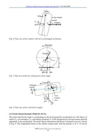 Mechanics, Materials Science & Engineering, May 2016 – ISSN 2412-5954
MMSE Journal. Open Access www.mmse.xyz
99
Fig. 6. Plan view of tire camber with toe-in and kingpin inclination
Fig. 7. Side view of the tire with positive caster angle
Fig. 8. Plan view of tire with all tire angles
2.2 Truck Chassis Dynamic Model [5, 10-13].
The truck used for the study is accelerating on the level ground by acceleration (a). The forces of
inertia Fin, air resistance Fair, and rolling resistance Fr of the progressively moving masses directed
oppositely to the acceleration. The truck chassis dimensions and forces in dynamic case are viewed
in Fig. 9. The longitudinal forces at the wheels contact point with the ground A, B, C, D can be
 