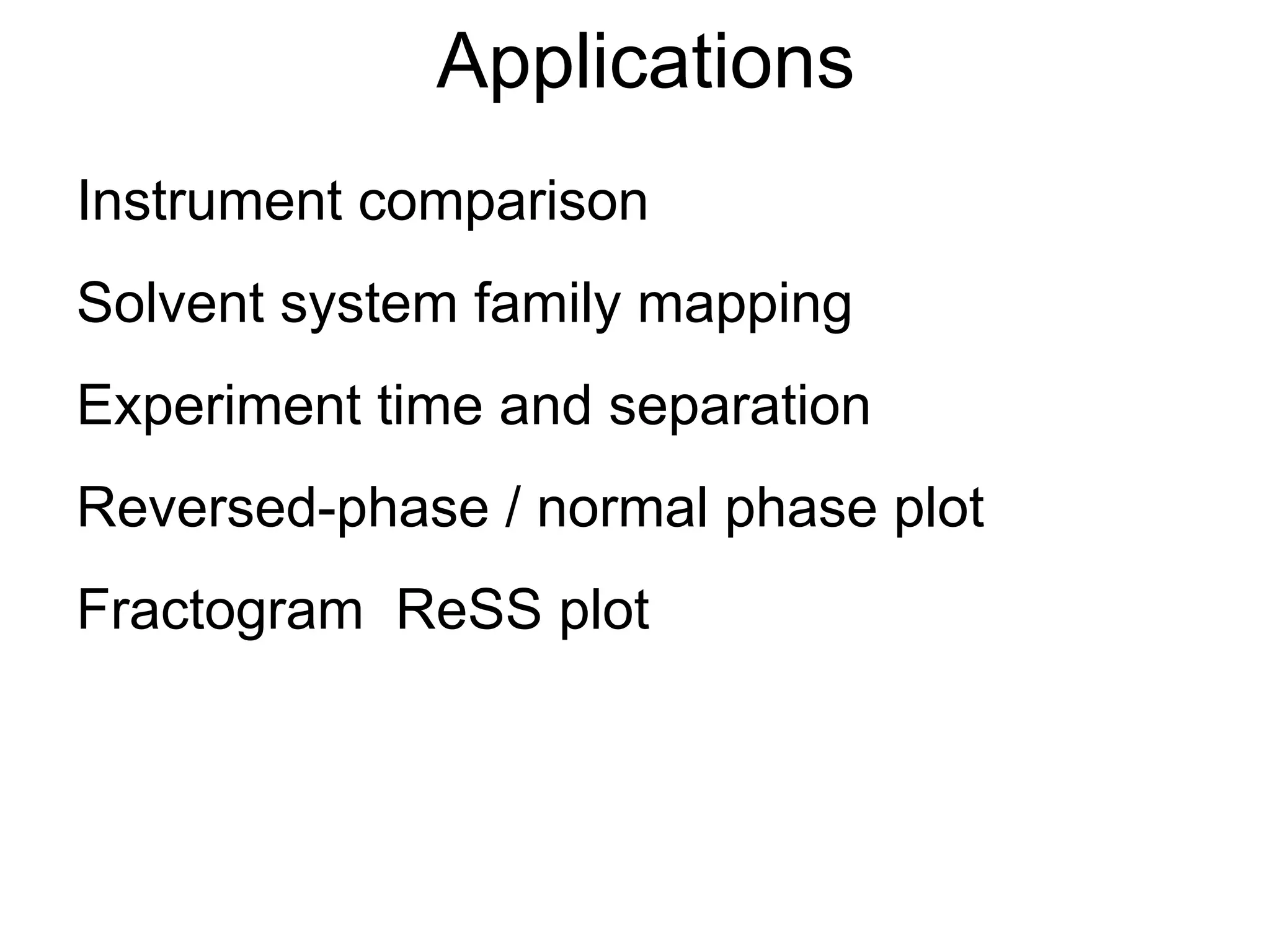 Applications
Instrument comparison
Solvent system family mapping
Experiment time and separation
Reversed-phase / normal phase plot
Fractogram ReSS plot
 