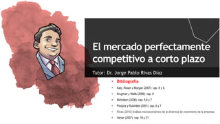 El mercado perfectamente
competitivo a corto plazo
Tutor: Dr. Jorge Pablo Rivas Díaz
• Bibliografía
• Katz, Rosen y Morgan (2007): cap. 8 y 9.
• Krugman y Wells (2006): cap. 8
• Nicholson (2006): cap. 5,6 y 7
• Pindyck y Rubinfeld (2001): cap. 6 y 7
• Rivas (2010) Análisis microeconómico de la dinámica de crecimiento de la empresa.
• Varían (2007): cap. 18 y 21
 