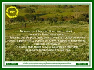 SLIDE ANTERIOR Toda vez que interceder, fique quieto, primeiro, e adore a Deus na sua glória.  Pense no que ele pode fazer, em como ele tem prazer em ouvir a Cristo, e pense na sua posição em Cristo; e espere grandes coisas. Você está em tristeza?  A oração pode tornar suave a sua aflição e fazer dela um meio de fortalecimento de sua vida. PRÓXIMO SLIDE http://br.groups.yahoo.com/group/lancandosementespeloscaminhos/ GRUPO LANÇANDO SEME NTES PELOS CAMINHOS 2007 
