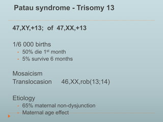 Patau syndrome - Trisomy 13 
47,XY,+13; of 47,XX,+13 
1/6 000 births 
• 50% die 1st month 
• 5% survive 6 months 
Mosaicism 
Translocasion 46,XX,rob(13;14) 
Etiology 
• 65% maternal non-dysjunction 
• Maternal age effect 
 