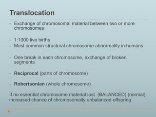 Translocation 
• Exchange of chromosomal material between two or more 
chromosomes 
• 1:1000 live births 
• Most common structural chromosome abnormality in humans 
• One break in each chromosome, exchange of broken 
segments 
• Reciprocal (parts of chromosome) 
• Robertsonian (whole chromosome) 
If no essential chromosome material lost (BALANCED) (normal) 
increased chance of chromosomally unbalanced offspring 
 