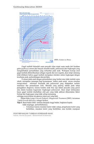 Continuing Education XXXVI




                                        FTT




                                                     FTT : Failure to Thrive


           Gagal tumbuh bukanlah suatu penyakit akan tetapi suatu tanda dari keadaan
    galur (pathway) umum dari banyak masalah medik, psikososial dan lingkungan yang
    mengakibatkan pertumbuhan yang terhambat pada anak. Walaupun konsep awal
    gagal tumbuh diklasifikasikan sebagai organik dan non organik, akan tetapi sekarang
    telah difahami bahwa gagal tumbuh merupakan interaksi antara lingkungan dengan
    kesehatan anak, perkembangan dan perilaku.
           Evaluasi pada anak dengan pertumbuhan yang lambat atau tidak tumbuh sama
    sekali, merupakan tantangan bagi kemampuan dokter anak untuk secara simultan
    mengevaluasi informasi biomedik dan psikososial yang didapatkan melalui
    anamnesa dan pemeriksaan fisik. Masalah yang penting adalah pada tahap
    penegakkan diagnosis, karena kondisi anak bisa saja dalam penyakit yang gawat
    atau dalam keadaan kegawatan lingkungan psikososial. Akan tetapi kebanyakan
    kasus gagal tumbuh disebabkan oleh gizi yang tidak adekuat dikarenakan faktor
    biologi dan lingkungan yang tidak saling menunjang
    sehingga menyulitkan tercapainya status gizi yang baik.
         Dalam buku Lange Current Pediatric Diagnosis& Treatment (2005) tercantum
     3 pola Growth deficiency sebagai berikut:
    Tipe I. Berat badan lebih tertekan daripada tinggi badan, lingkaran kepala
            tidak terganggu pertumbuhannya.
              - Umumnya karena masukan kalori tidak cukup, pengeluaran kalori yang
                 berlebihan, masukan kalori yang berlebihan, atau ketidak mampuan

PENYIMPANGAN TUMBUH KEMBANG ANAK
                          7
Irwanto, Ahmad Suryawan, Moersintowarti B.Narendra
 