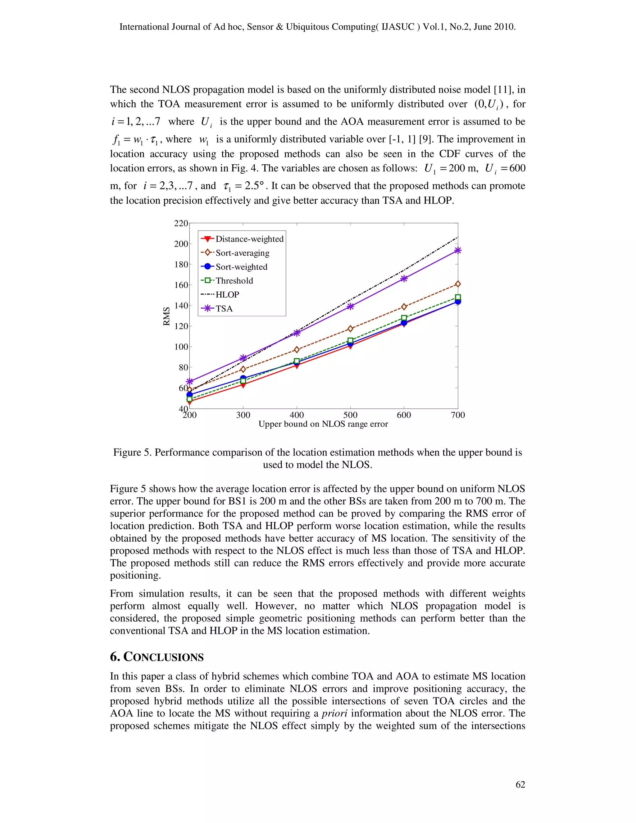 International Journal of Ad hoc, Sensor & Ubiquitous Computing( IJASUC ) Vol.1, No.2, June 2010.
62
The second NLOS propagation model is based on the uniformly distributed noise model [11], in
which the TOA measurement error is assumed to be uniformly distributed over )
,
0
( i
U , for
...7
2,
,
1
=
i where i
U is the upper bound and the AOA measurement error is assumed to be
1
1
1 τ
⋅
= w
f , where 1
w is a uniformly distributed variable over [-1, 1] [9]. The improvement in
location accuracy using the proposed methods can also be seen in the CDF curves of the
location errors, as shown in Fig. 4. The variables are chosen as follows: =
1
U 200 m, =
i
U 600
m, for ...7
2,3,
=
i , and °
= 5
.
2
1
τ . It can be observed that the proposed methods can promote
the location precision effectively and give better accuracy than TSA and HLOP.
200 300 400 500 600 700
40
60
80
100
120
140
160
180
200
220
Upper bound on NLOS range error
RMS
Distance-weighted
Sort-averaging
Sort-weighted
Threshold
HLOP
TSA
Figure 5. Performance comparison of the location estimation methods when the upper bound is
used to model the NLOS.
Figure 5 shows how the average location error is affected by the upper bound on uniform NLOS
error. The upper bound for BS1 is 200 m and the other BSs are taken from 200 m to 700 m. The
superior performance for the proposed method can be proved by comparing the RMS error of
location prediction. Both TSA and HLOP perform worse location estimation, while the results
obtained by the proposed methods have better accuracy of MS location. The sensitivity of the
proposed methods with respect to the NLOS effect is much less than those of TSA and HLOP.
The proposed methods still can reduce the RMS errors effectively and provide more accurate
positioning.
From simulation results, it can be seen that the proposed methods with different weights
perform almost equally well. However, no matter which NLOS propagation model is
considered, the proposed simple geometric positioning methods can perform better than the
conventional TSA and HLOP in the MS location estimation.
6. CONCLUSIONS
In this paper a class of hybrid schemes which combine TOA and AOA to estimate MS location
from seven BSs. In order to eliminate NLOS errors and improve positioning accuracy, the
proposed hybrid methods utilize all the possible intersections of seven TOA circles and the
AOA line to locate the MS without requiring a priori information about the NLOS error. The
proposed schemes mitigate the NLOS effect simply by the weighted sum of the intersections
 