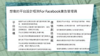 /30
29
平
台
架
構
這個平台的主要目的是什麼?(提供商家打廣
告，對象是現有FB使用者)
平台中的核心互動是什麼?(廣告發布、版位
及預算設定、商業分析功能)
平台涉及哪些市場?(數位,多邊市場)
可以被交易的價值創造資產是什麼?(演算法)
誰代表不同的市場結構和提供功能的角色?
平台有多開放?管理開放的策略是什麼?(無進
入門檻，累計付費/私洽方案)
共享資料的開放程度如何?(API存取商務功能)
價
值
創
造
邏
輯
是誰從平台中受益，如何受益?(使用者、業者)
利害關係人的角色是什麼，他們可能如何變化?
如何實現與利害關係人的承諾?(契約)
不同的參與者有什麼不同的價值主張?(使用者接
收有用的資訊/商家增加曝光與營收)
網絡效應是如何起作用的?(使用者優勢)
誰需要開啟網路效應?(FB)
每個利害關係人參與的代價是什麼?(時間金錢)
想像的平台設計框架For Facebook廣告管理員
 