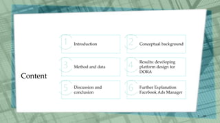 Content
Introduction Conceptual background
Method and data
Results: developing
platform design for
DORA
Discussion and
conclusion
Further Explanation
Facebook Ads Manager
/30
3
 