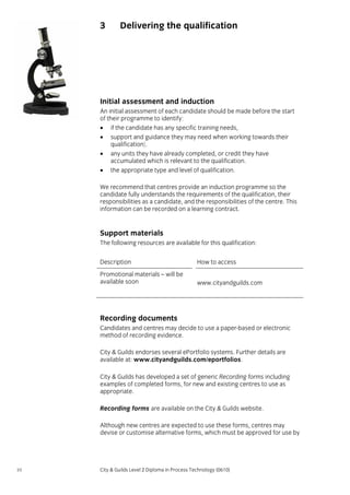 3

Delivering the qualification

Initial assessment and induction
An initial assessment of each candidate should be made before the start
of their programme to identify:
• if the candidate has any specific training needs,
• support and guidance they may need when working towards their
qualification].
• any units they have already completed, or credit they have
accumulated which is relevant to the qualification.
• the appropriate type and level of qualification.
We recommend that centres provide an induction programme so the
candidate fully understands the requirements of the qualification, their
responsibilities as a candidate, and the responsibilities of the centre. This
information can be recorded on a learning contract.

Support materials
The following resources are available for this qualification:
Description

How to access

Promotional materials – will be
available soon

www.cityandguilds.com

Recording documents
Candidates and centres may decide to use a paper-based or electronic
method of recording evidence.
City & Guilds endorses several ePortfolio systems. Further details are
available at: www.cityandguilds.com/eportfolios.
City & Guilds has developed a set of generic Recording forms including
examples of completed forms, for new and existing centres to use as
appropriate.
Recording forms are available on the City & Guilds website.
Although new centres are expected to use these forms, centres may
devise or customise alternative forms, which must be approved for use by

10

City & Guilds Level 2 Diploma in Process Technology (0610)

 