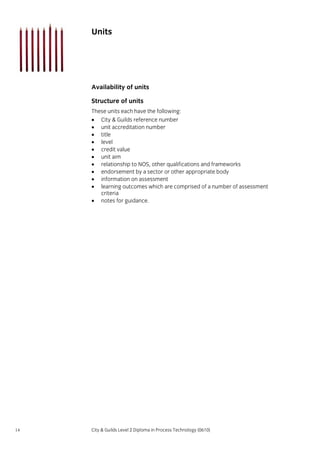 Units

Availability of units
Structure of units
These units each have the following:
• City & Guilds reference number
• unit accreditation number
• title
• level
• credit value
• unit aim
• relationship to NOS, other qualifications and frameworks
• endorsement by a sector or other appropriate body
• information on assessment
• learning outcomes which are comprised of a number of assessment
criteria
• notes for guidance.

14

City & Guilds Level 2 Diploma in Process Technology (0610)

 