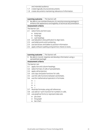1.7
1.8

and intended audience.
create logically structured documents
create documents maintaining relevance of information.

Learning outcome The learner will:
2. Be able to use standard features of a word-processing package to
enhance the appearance and legibility of technical documentation
Assessment criteria
The learner can:
2.1 select fonts and font sizes
• body text
• headings
• sub-headings
2.2 use tabulation and justification to align texts.
2.3 use bullet points and numbering.
2.4 use text boxes and tables to position information.
2.5 apply software spelling and grammar checks to texts.

Learning outcome The learner will:
3. Be able to record, organise and develop information using a
spreadsheet package
Assessment criteria
The learner can:
3.1 apply row and column headings.
3.2 select formats of cells of spreadsheets.
3.3 apply cell protection.
3.4 use copy and paste functions for cells.
3.5 use link cells functions between worksheets.
3.6 use the mathematical operators in formulae.
• +
• –
• x
• ÷
3.7 illustrate formulae using cell references.
3.8 use add (or ‘sum’) function for numbers in cells.
3.9 use graphical forms to represent data sets
• pie chart
• line graph
• bar chart.

City & Guilds Level 2 Diploma in Process Technology (0610)

25

 