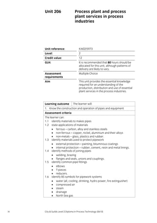 Unit 206

Process plant and process
plant services in process
industries

Unit reference:

K/602/5973

Level:

2

Credit value:

12

GLH:

It is recommended that 80 hours should be
allocated for this unit, although patterns of
delivery are likely to vary.

Assessment
requirements

Multiple Choice

Aim

This unit provides the essential knowledge
required for an understanding of the
production, distribution and use of essential
plant services in the process industries.

Learning outcome

The learner will:

1. Know the construction and operation of pipes and equipment
Assessment criteria
The learner can:
1.1 identify materials to makes pipes
1.2 state applications of materials
• ferrous – carbon, alloy and stainless steels
• non-ferrous – copper, nickel, aluminium and their alloys
• non-metals – glass, plastics and rubber.
1.3 identify materials used to protect pipework
• external protection – painting, bituminous coatings
• internal protection – rubber, cement, resin and metal linings.
1.4 identify methods of joining pipes
• welding, brazing
• flanges and seals, unions and couplings.
1.5 identify common pipe fittings
• elbows
• T-pieces
• reducers.
1.6 identify BS symbols for pipework systems
• water (all, cooling, drinking, hydro power, fire extinguisher)
• compressed air
• steam
• drainage
• North Sea gas

30

City & Guilds Level 2 Diploma in Process Technology (0610)

 