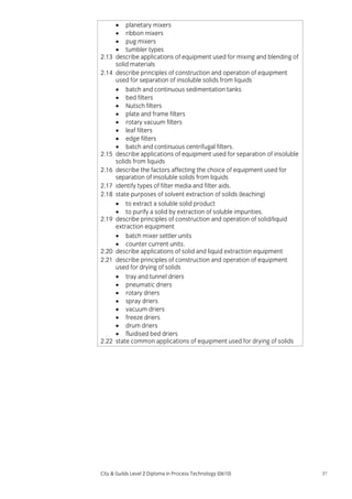 2.13
2.14

2.15
2.16
2.17
2.18

2.19

2.20
2.21

2.22

• planetary mixers
• ribbon mixers
• pug mixers
• tumbler types
describe applications of equipment used for mixing and blending of
solid materials
describe principles of construction and operation of equipment
used for separation of insoluble solids from liquids
• batch and continuous sedimentation tanks
• bed filters
• Nutsch filters
• plate and frame filters
• rotary vacuum filters
• leaf filters
• edge filters
• batch and continuous centrifugal filters.
describe applications of equipment used for separation of insoluble
solids from liquids
describe the factors affecting the choice of equipment used for
separation of insoluble solids from liquids
identify types of filter media and filter aids.
state purposes of solvent extraction of solids (leaching)
• to extract a soluble solid product
• to purify a solid by extraction of soluble impurities.
describe principles of construction and operation of solid/liquid
extraction equipment
• batch mixer settler units
• counter current units.
describe applications of solid and liquid extraction equipment
describe principles of construction and operation of equipment
used for drying of solids
• tray and tunnel driers
• pneumatic driers
• rotary driers
• spray driers
• vacuum driers
• freeze driers
• drum driers
• fluidised bed driers
state common applications of equipment used for drying of solids

City & Guilds Level 2 Diploma in Process Technology (0610)

37

 