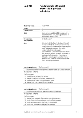 Unit 210

Fundamentals of Special
processes in process
industries

Unit reference:

F/602/5994

Level:

2

Credit value:

6

GLH:

It is recommended that 40 hours should be
allocated for this unit, although patterns of
delivery are likely to vary.

Assessment
requirements

Centre Devised

Aim

Both the individual and industry will benefit
from the individuals involved in operations
having an appropriate level of understanding
of the relevant processes. This unit is
concerned with an individual’s
responsibilities within their operational role
and as part of a team and their awareness of
health and safety matters. The unit also
details the knowledge required of the raw
materials and products of the process and
their commercial relevance.

Learning outcome

The learner will:

1. Understand personal responsibility within overall process operations
Assessment criteria
The learner can:
1.1 describe the company structure.
1.2 explain how roles fit into the organisations
1.3 describe the main responsibilities of roles.
1.4 explain the importance of team-working.

Learning outcome

The learner will:

2. Understand the main unit operations within processes
Assessment criteria
The learner can:
2.1 explain the principle of operation of unit operations.
2.2 state the critical operating parameters for processes.
2.3 state where operating procedures are located
2.4 state HSE issues associated with processes.

City & Guilds Level 2 Diploma in Process Technology (0610)

47

 
