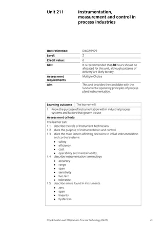 Unit 211

Instrumentation,
measurement and control in
process industries

Unit reference:

D/602/5999

Level:

2

Credit value:

6

GLH:

It is recommended that 40 hours should be
allocated for this unit, although patterns of
delivery are likely to vary.

Assessment
requirements

Multiple Choice

Aim

This unit provides the candidate with the
fundamental operating principles of process
plant instrumentation.

Learning outcome

The learner will:

1. Know the purpose of instrumentation within industrial process
systems and factors that govern its use
Assessment criteria
The learner can:
1.1 describe the role of Instrument Technicians
1.2 state the purpose of instrumentation and control
1.3 state the main factors affecting decisions to install instrumentation
and control systems
• safety
• efficiency
• cost
• operability and maintainability.
1.4 describe instrumentation terminology
• accuracy
• range
• span
• sensitivity
• live zero
• tolerance.
1.5 describe errors found in instruments
• zero
• span
• linearity
• hysteresis.

City & Guilds Level 2 Diploma in Process Technology (0610)

49

 