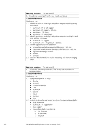 Learning outcome

The learner will:

3. Know the processing of non-ferrous metals and alloys
Assessment criteria
The learner can:
3.1 identify aluminium based light alloys that are processed by casting
into shape
• aluminium / 8% to 12% copper
• aluminium / 3% copper + 12% zinc
• aluminium / 13% silicon
• aluminium / 5% magnesium.
3.2 identify aluminium based light alloys that are processed by hot and
cold working into shape
• aluminium / 4% copper
• aluminium / zinc + magnesium + copper.
3.3 identify types of copper based alloys
• single phase alpha brasses up to 70% copper / 30% zinc
• two phase beta brasses in the region of 60% copper / 40% zinc
• high tensile strength brasses
• monels
• bronzes.
3.4 describe the main features of zinc die casting and titanium forging
alloys.

Learning outcome The learner will:
4. Understand the main properties of the widely used non-ferrous
metals and alloys
Assessment criteria
The learner can:
4.1 compare properties of alloys
• density
• strength
• strength to weight
• cost
• aluminium
• copper
• nickel
• titanium
• iron.
4.2 state typical mechanical properties of non-ferrous metals and alloys
• pure aluminium
• aluminium / 4% copper alloy
• pure copper
• copper based alloys containing:
o zinc (brasses)
o tin (bronzes)
o Beryllium

66

City & Guilds Level 2 Diploma in Process Technology (0610)

 