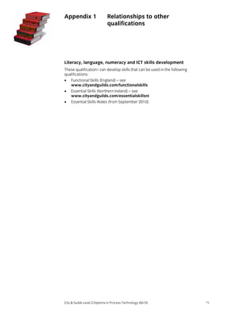 Appendix 1

Relationships to other
qualifications

Literacy, language, numeracy and ICT skills development
These qualifications can develop skills that can be used in the following
qualifications:
• Functional Skills (England) – see
www.cityandguilds.com/functionalskills
• Essential Skills (Northern Ireland) – see
www.cityandguilds.com/essentialskillsni
• Essential Skills Wales (from September 2010).

City & Guilds Level 2 Diploma in Process Technology (0610)

75

 