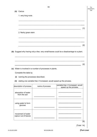 11
© UCLES 2005 0610/03/M/J/05 [Turn over
For
Examiner's
Use
(ii) Cactus
1. very long roots
[1]
2. fleshy green stem
[2]
(b) Suggest why having only a few, very small leaves could be a disadvantage to a plant.
[2]
(c) Water is involved in a number of processes in plants.
Complete the table by
(i) naming the processes described;
(ii) stating one variable that, if increased, would speed up the process.
description of process name of process
variable that, if increased, would
speed up the process
absorption of water
from the soil
using water to form
glucose
movement of water
vapour out of leaves
[6]
[Total: 14]
 