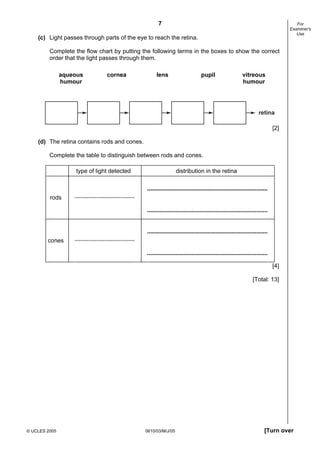 7
© UCLES 2005 0610/03/M/J/05 [Turn over
For
Examiner's
Use
(c) Light passes through parts of the eye to reach the retina.
Complete the flow chart by putting the following terms in the boxes to show the correct
order that the light passes through them.
cornea lens pupilaqueous
humour
vitreous
humour
retina
[2]
(d) The retina contains rods and cones.
Complete the table to distinguish between rods and cones.
type of light detected distribution in the retina
rods
cones
[4]
[Total: 13]
 