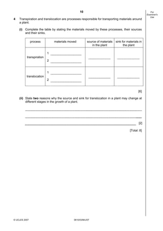 First variant Question Paper
10
4

Transpiration and translocation are processes responsible for transporting materials around
a plant.
(i) Complete the table by stating the materials moved by these processes, their sources
and their sinks.
process

materials moved

source of materials
in the plant

sink for materials in
the plant

1
transpiration
2

1
translocation
2

[6]
(ii) State two reasons why the source and sink for translocation in a plant may change at
different stages in the growth of a plant.

[2]
[Total: 8]

© UCLES 2007

0610/03/M/J/07

For
Examiner's
Use

 