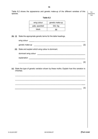 Second variant Question Paper
15
Table 6.2 shows the appearance and genetic make-up of the different varieties of this
species.

For
Examiner's
Use

Table 6.2
wing colour

genetic make-up

pale, speckled

GG; Gg

black

gg

(b) (i) State the appropriate genetic terms for the table headings.
wing colour
genetic make-up

[2]

(ii) State and explain which wing colour is dominant.
dominant wing colour
explanation
[2]

(c) State the type of genetic variation shown by these moths. Explain how this variation is
inherited.

[3]

© UCLES 2007

0610/03/M/J/07

[Turn over

 
