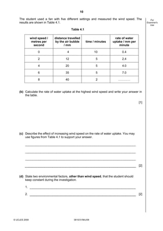 10
The student used a fan with five different settings and measured the wind speed. The
results are shown in Table 4.1.
Table 4.1
wind speed /
metres per
second

distance travelled
by the air bubble
/ mm

time / minutes

rate of water
uptake / mm per
minute

0

4

10

0.4

2

12

5

2.4

4

20

5

4.0

6

35

5

7.0

8

40

2

…………

(b) Calculate the rate of water uptake at the highest wind speed and write your answer in
the table.
[1]

(c) Describe the effect of increasing wind speed on the rate of water uptake. You may
use figures from Table 4.1 to support your answer.

[2]

(d) State two environmental factors, other than wind speed, that the student should
keep constant during the investigation.
1.
2.

© UCLES 2009

[2]

0610/31/M/J/09

For
Examiner's
Use

 
