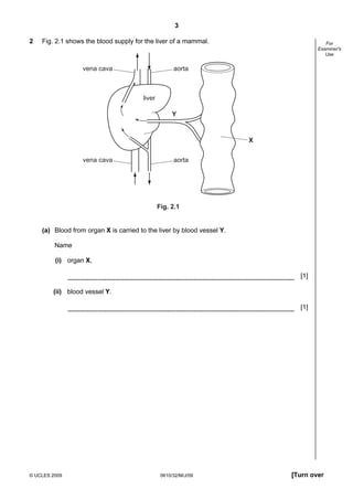 3
2

Fig. 2.1 shows the blood supply for the liver of a mammal.

vena cava

For
Examiner's
Use

aorta

liver
Y

X
vena cava

aorta

Fig. 2.1

(a) Blood from organ X is carried to the liver by blood vessel Y.
Name
(i) organ X,
[1]
(ii) blood vessel Y.
[1]

© UCLES 2009

0610/32/M/J/09

[Turn over

 